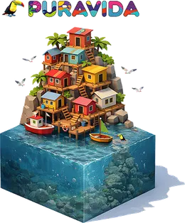 A low-poly isometric island: stilt houses climbing a hillside above a cube of ocean, with a toucan and the word puravida overhead.